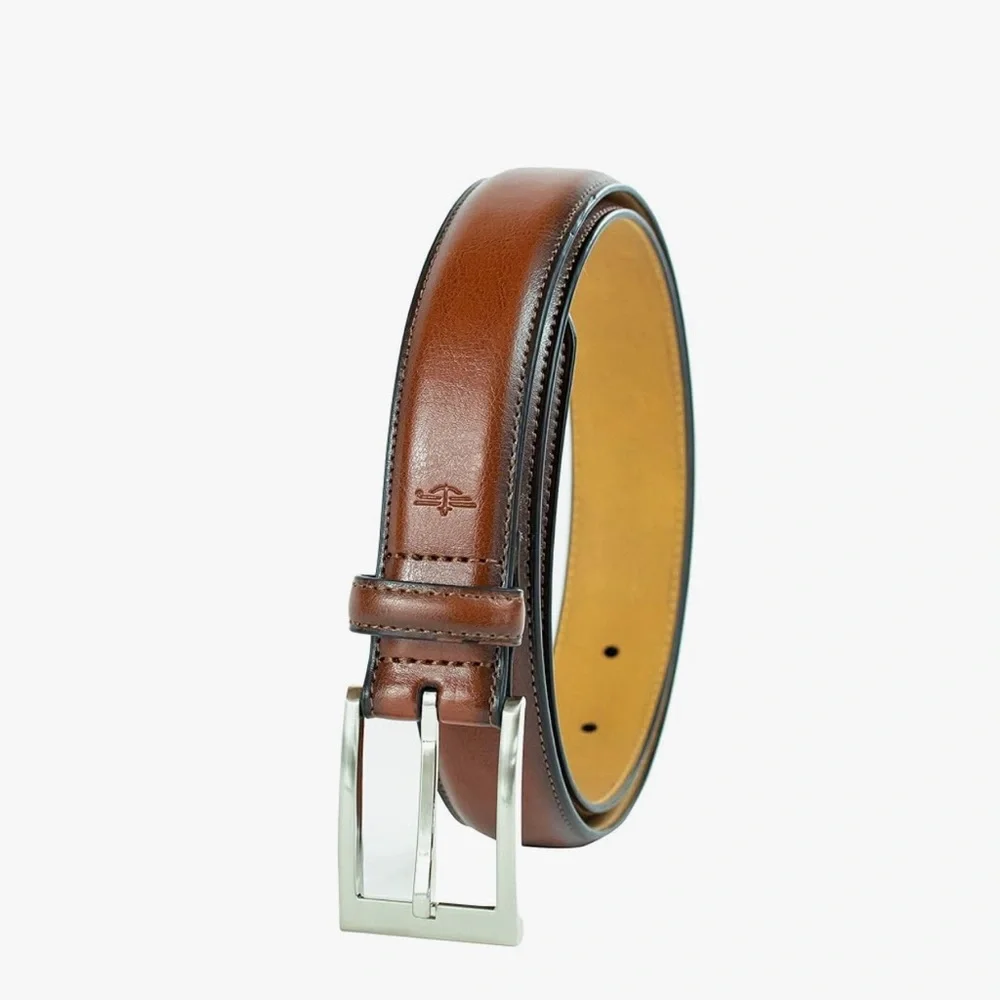 Dockers Pair of Men’s Drop-Edge Leather Tan Belt with silver Buckle Size 44 NWT
